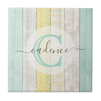 Rustic Mint & Yellow Boho Geo Modern Personalised Ceramic Tile