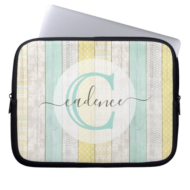 Rustic Mint & Yellow Boho Geo Modern Personalised Laptop Sleeve (Front)