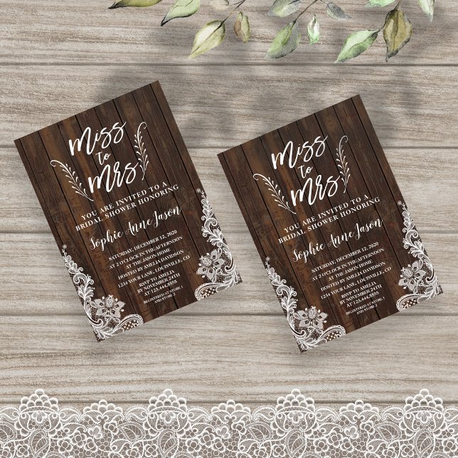 Rustic Miss To Mrs Wood Lace Bridal Shower Invitation (miss to mrs invitation)