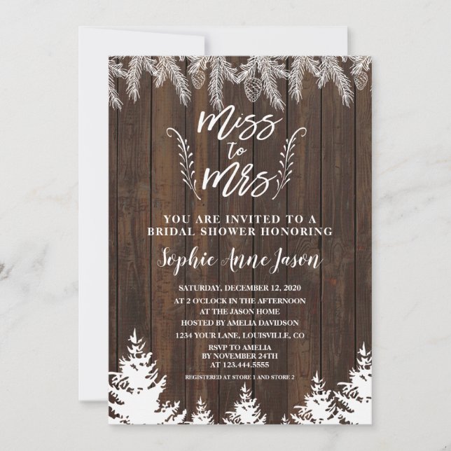 Rustic Miss To Mrs Wood Pine Trees Bridal Shower Invitation (Front)