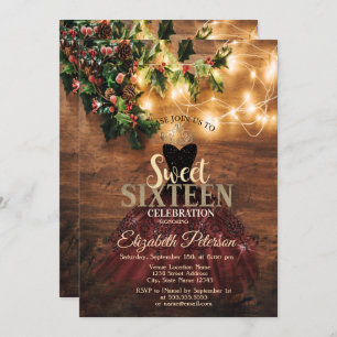 Rustic Mistletoe Lights,Burgundy Dress Sweet 16 Invitation