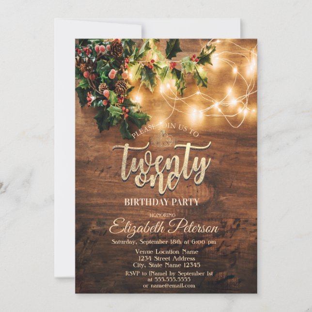 Rustic Mistletoe,String Lights,Wood 21st Birthday  Invitation (Front)