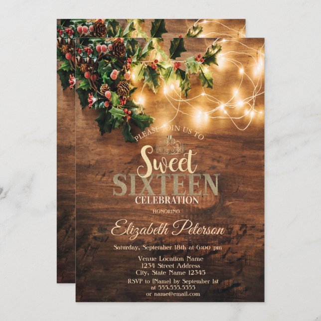 Rustic Mistletoe,String Lights,Wood Sweet 16 Party Invitation (Front/Back)