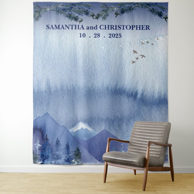 Rustic Misty Pine Forest Wedding Photo Backdrop Tapestry (In Situ)