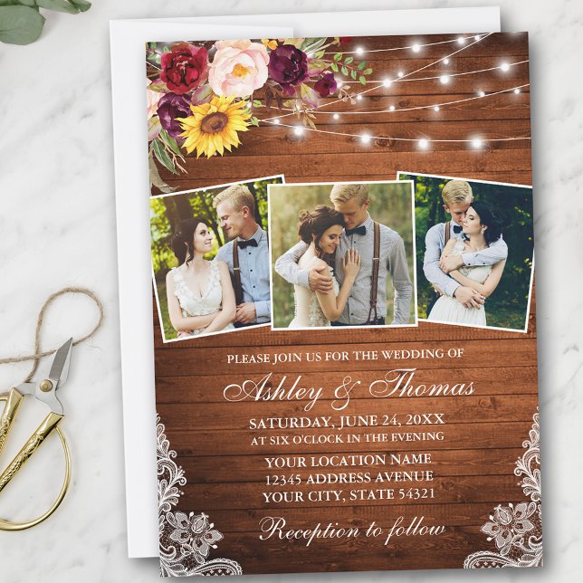 Rustic Mixed Floral Lights Lace 3 Photo Wedding Invitation (Customize to add more text or photos to back of card.)