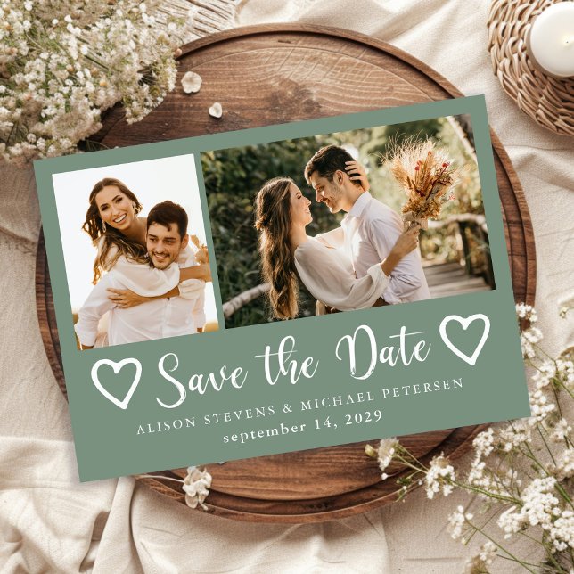 Rustic modern 2 photo sage green wedding  save the date (Creator Uploaded)