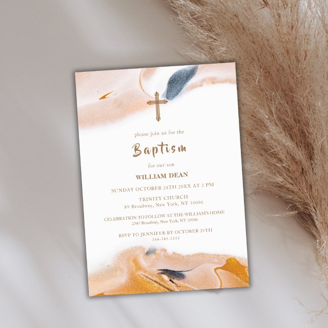 Rustic Modern Abstract Watercolor Cross Baptism  Invitation (Rustic Modern Abstract Watercolor Cross Baptism Invitation)