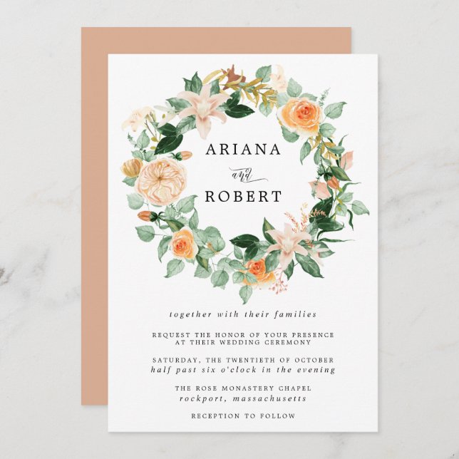 Rustic Modern Autumn Floral Wreath Wedding Invitation (Front/Back)