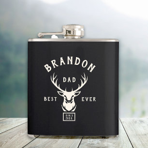 Rustic Modern BEST DAD EVER Custom Name Deer Black Hip Flask