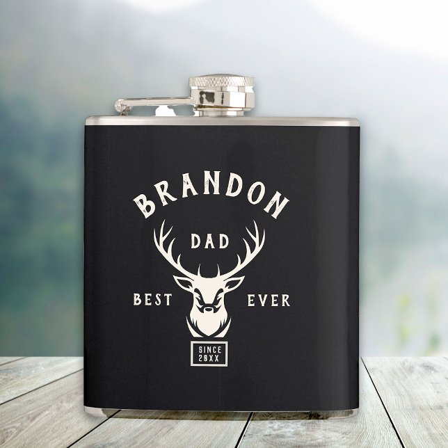 Rustic Modern BEST DAD EVER Custom Name Deer Black Hip Flask (Creator Uploaded)