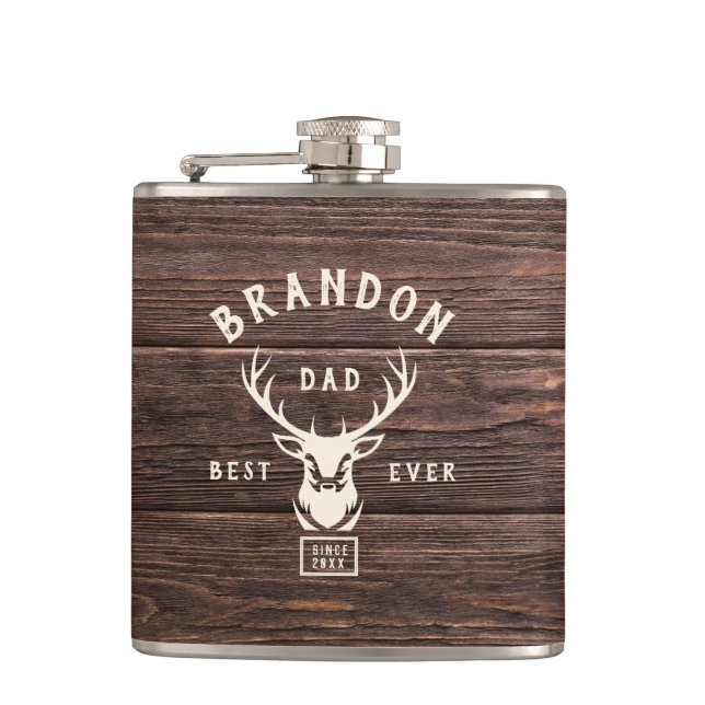 Rustic Modern BEST DAD EVER Custom Name Deer Wood Hip Flask (Front)