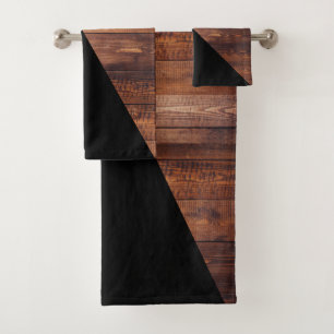 Rustic Modern Black Diagonal & Wood Planks Bath Towel Set