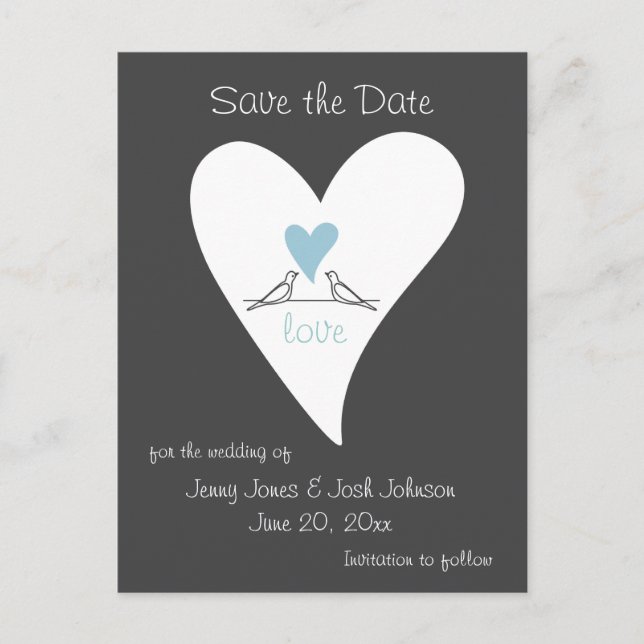 Rustic Modern Blue Heart Wedding Save The Date Announcement Postcard (Front)