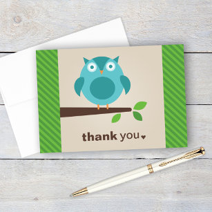 Rustic Modern Blue Owl on Tree Branch Thank You Card