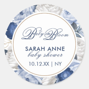 Rustic Modern Blue & White Flower Baby Shower Classic Round Sticker