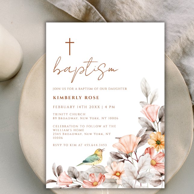 Rustic Modern Boho Wildflower Cross Baptism Invitation (Rustic Modern Boho Wildflower Cross Baptism Invitation)