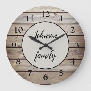 Rustic Modern Brown Wood Family Name Large Clock