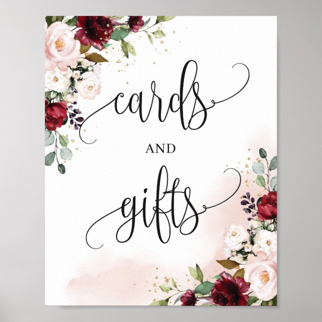 Rustic modern burgundy blush cards and gifts sign (Front)