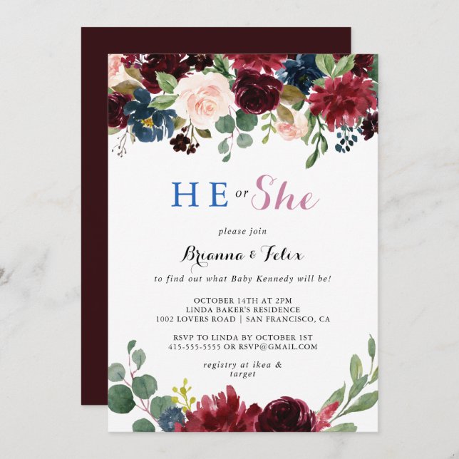Rustic Modern Calligraphy He or She Gender Reveal Invitation (Front/Back)