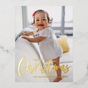 Rustic Modern Calligraphy Merry Christmas Photo Foil Holiday Postcard