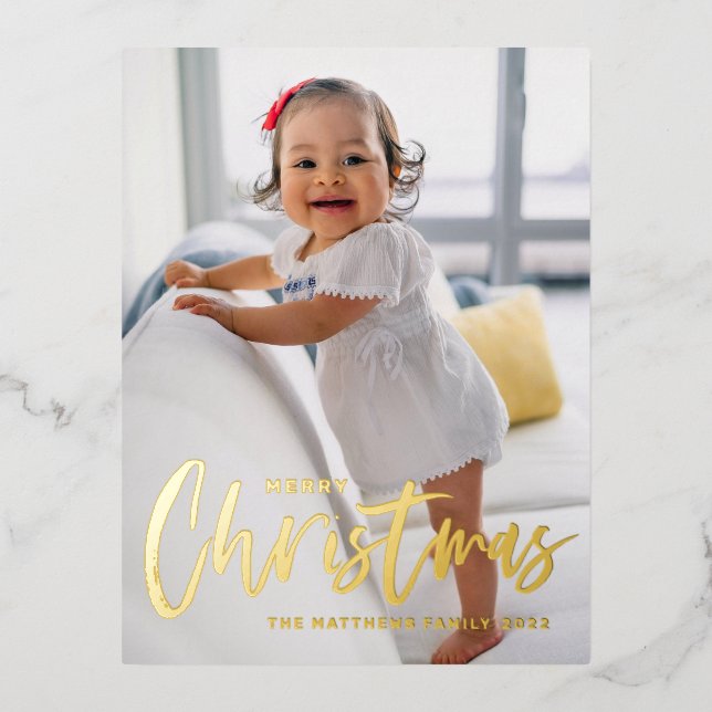 Rustic Modern Calligraphy Merry Christmas Photo Foil Holiday Postcard (Front)