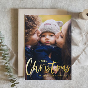 Rustic Modern Calligraphy Photo Merry Christmas Foil Holiday Card