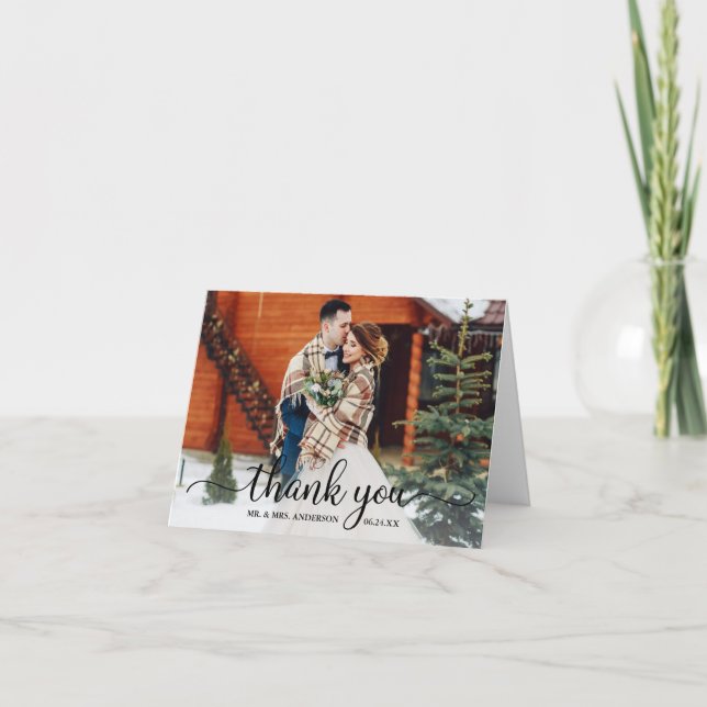 Rustic Modern Calligraphy Photo Wedding Note Thank You Card (Front)