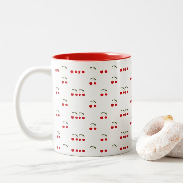 Rustic Modern Cherry Patterns  Two-Tone Coffee Mug (With Donut)