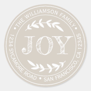 Rustic Modern Christmas Joy Return Address Grey Classic Round Sticker