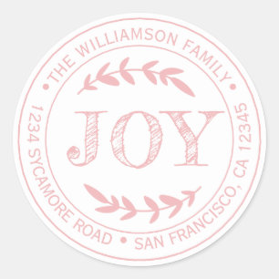 Rustic Modern Christmas Joy Return Address Pink Classic Round Sticker