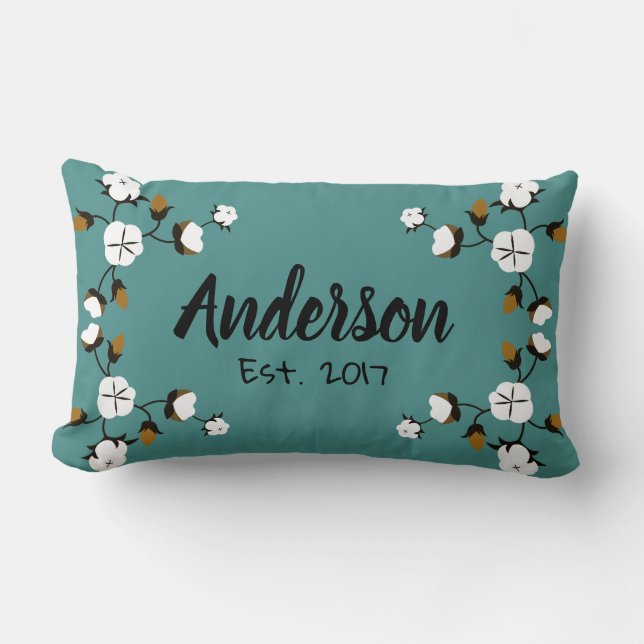 Rustic Modern Cotton Flowers & Teal Lumbar Cushion (Front)