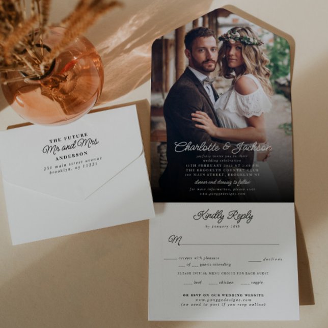 Rustic Modern Elegant Stylish Photo RSVP Wedding All In One Invitation (Creator Uploaded)