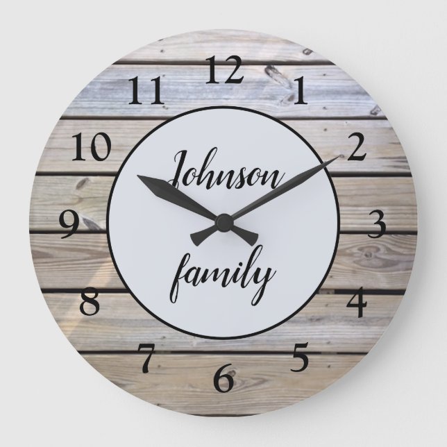 Rustic Modern Elegant Wood Family Name Large Clock (Front)