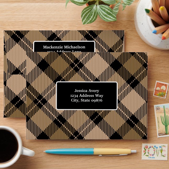 Rustic Modern Fall Brown Tartan Plaid Personalised Envelope (Desk)