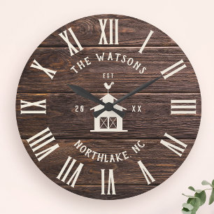 Rustic Modern Farmhouse Custom Family Name Retro Large Clock
