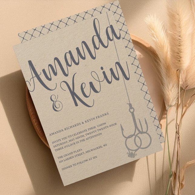 Rustic Modern Fishing Hook Wedding Ring Kraft Blue Invitation (Creator Uploaded)
