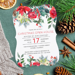 Rustic modern floral winter holiday open house invitation
