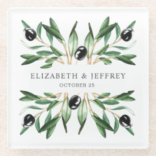 Rustic Modern Geometric Olive Branches Wedding Glass Coaster