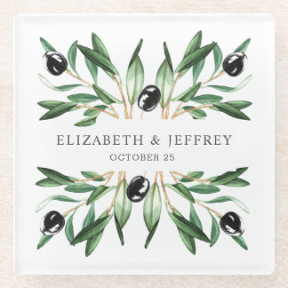 Rustic Modern Geometric Olive Branches Wedding Glass Coaster
