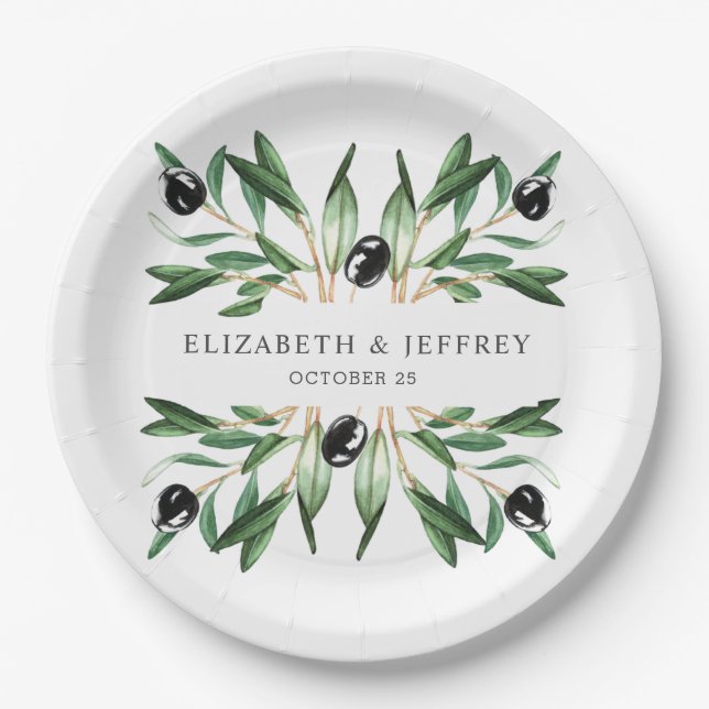 Rustic Modern Geometric Olive Branches Wedding Paper Plate (Front)