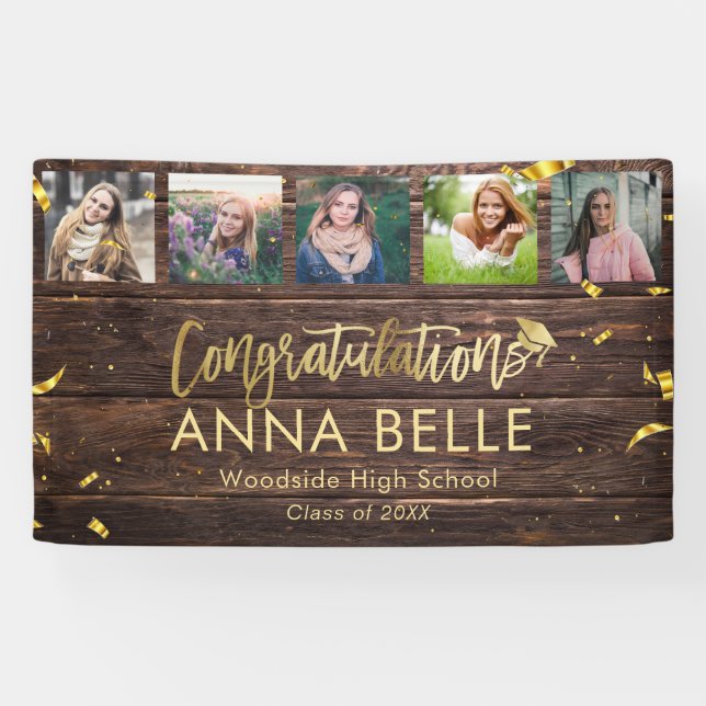 Rustic Modern Gold Script Photo Collage Graduation Banner (Horizontal)