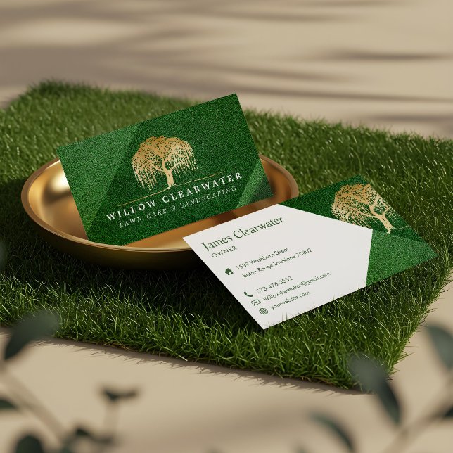 Rustic Modern Green & Gold Willow Tree Landscaping Business Card (Rustic Modern Green & Gold Willow Tree Landscaping Business Card)