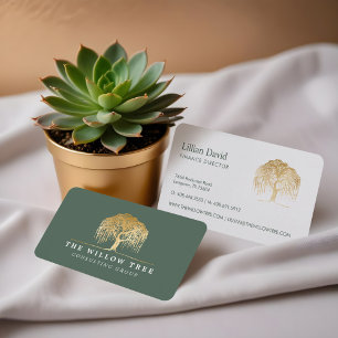 Rustic Modern Green & Gold Willow Tree Logo Business Card