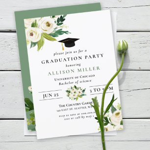Rustic Modern Greenery Ivory Floral Graduation Invitation