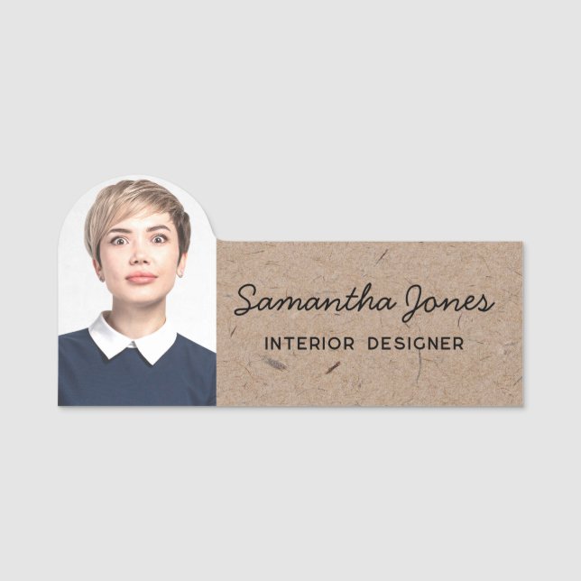 Rustic Modern handwritten script photo recycled Name Tag (Front)