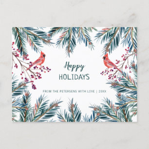Rustic modern Happy Holidays pine boughs and birds Holiday Postcard