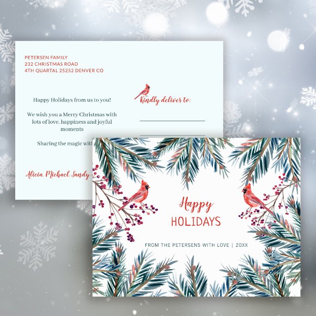 Rustic modern Happy Holidays pine boughs and birds Holiday Postcard (Creator Uploaded)