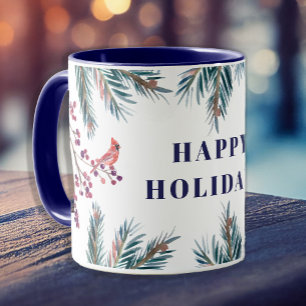 Rustic modern Happy Holidays pine boughs and birds Mug
