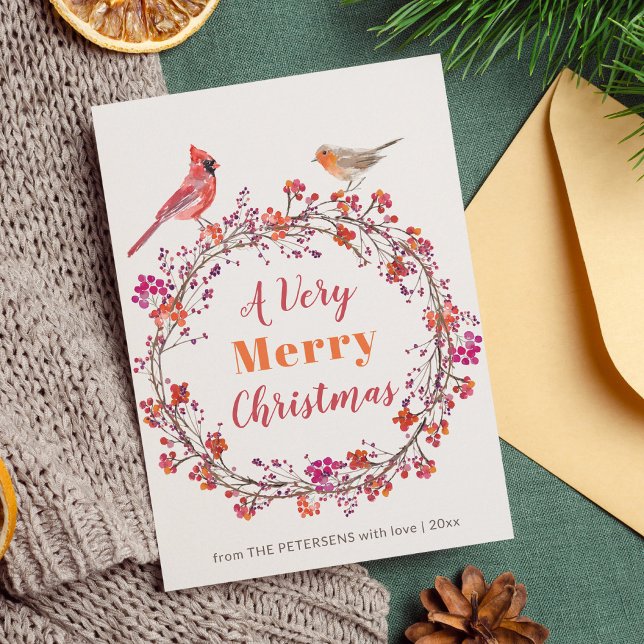 Rustic modern holly berry Christmas wreath simple Holiday Card (Creator Uploaded)