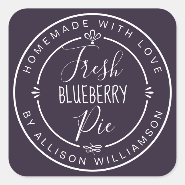 Rustic Modern Homemade Fresh Blueberry Pie Purple Square Sticker (Front)